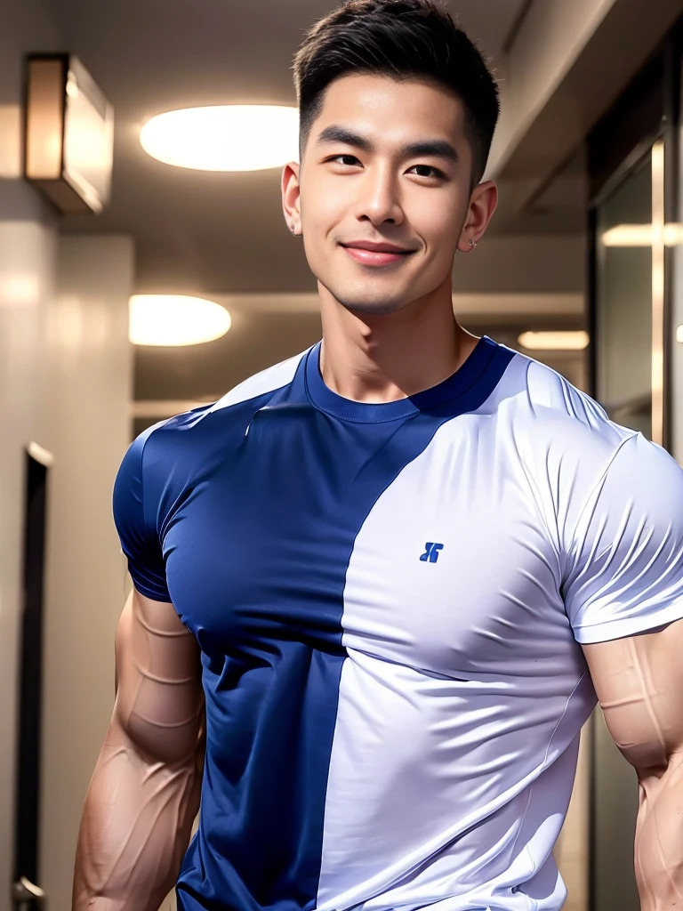 korea male male model, big muscles, handsome, cool, smoothly combed hair, pierced ears, wearing a t-shirt navy top, holding a lollipop, portraiture, modeling, dynamic pose, Japanese street, late at night, store lights trade, full half body shot, smile open mouth