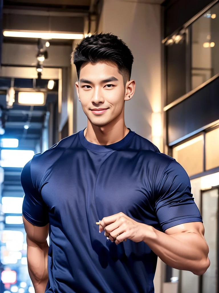 korea male male model, big muscles, handsome, cool, smoothly combed hair, pierced ears, wearing a t-shirt navy top, holding a lollipop, portraiture, modeling, dynamic pose, Japanese street, late at night, store lights trade, full half body shot, smile open mouth