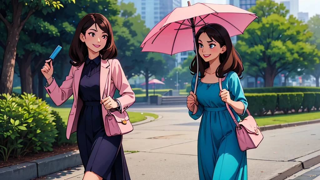 Woman. dark hair. long hair, eyes browns, wearing a blue formal dress, walking in a park. smirk on face, carrying a medium-sized bag with magazines, libero, light pink lipstick, happy looking, carrying an umbrella in hand.