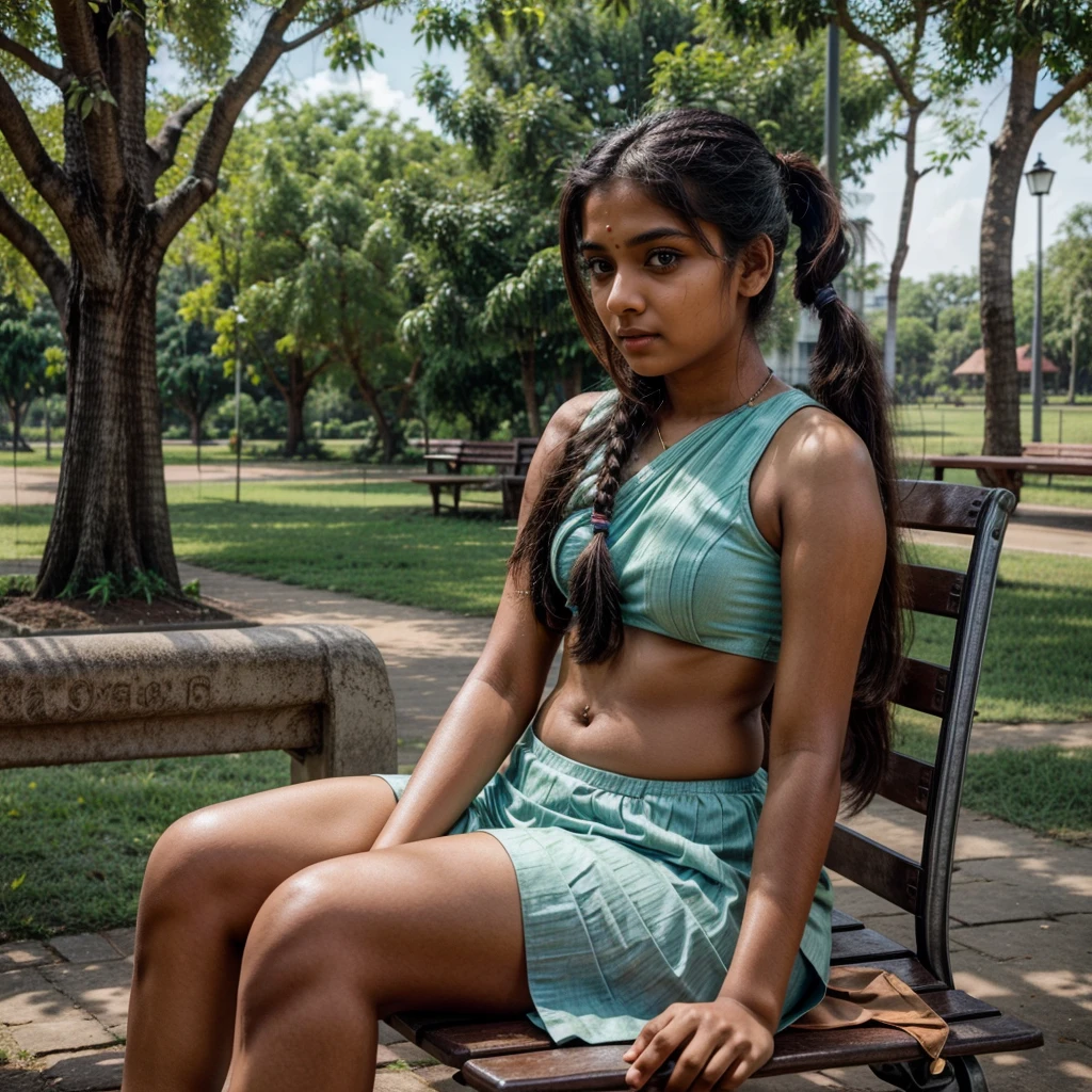 a beautiful indian mallu girl, , delicate features, large expressive eyes, 4k, photorealistic, with ponytails, sitting in a park bench, wearing a