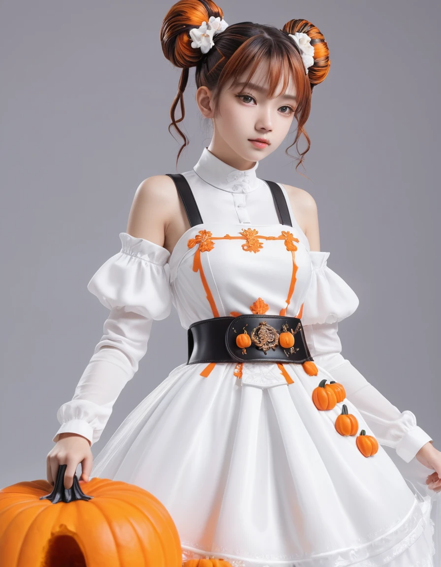 gooey girl, (slime), Slime Hair Double Bun Hairstyle, Orange Pumpkin, White princess dress with gun belt, work of art, best qualityer