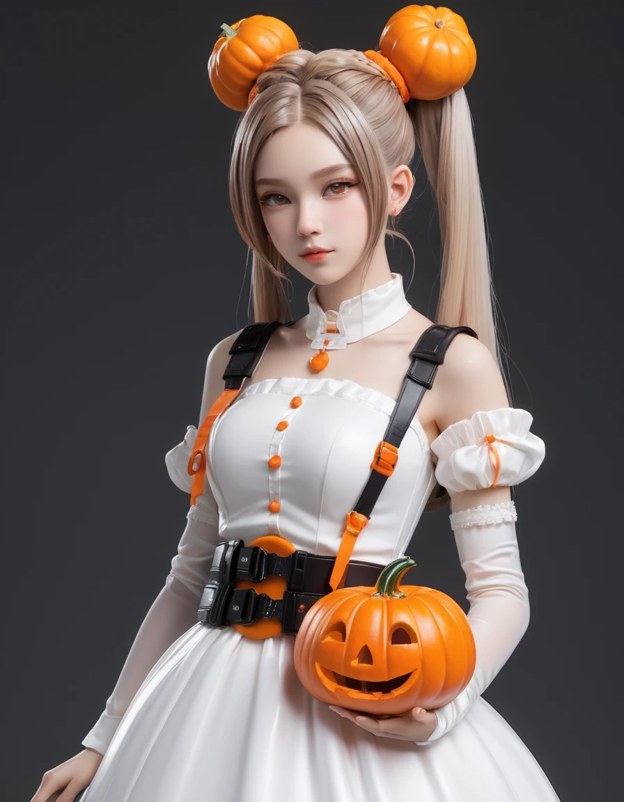 gooey girl, (slime), Slime Hair Double Bun Hairstyle, Orange Pumpkin, White princess dress with gun belt, work of art, best qualityer