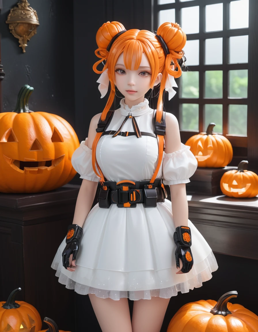 gooey girl, (slime), Slime Hair Double Bun Hairstyle, Orange Pumpkin, White princess dress with gun belt, work of art, best qualityer