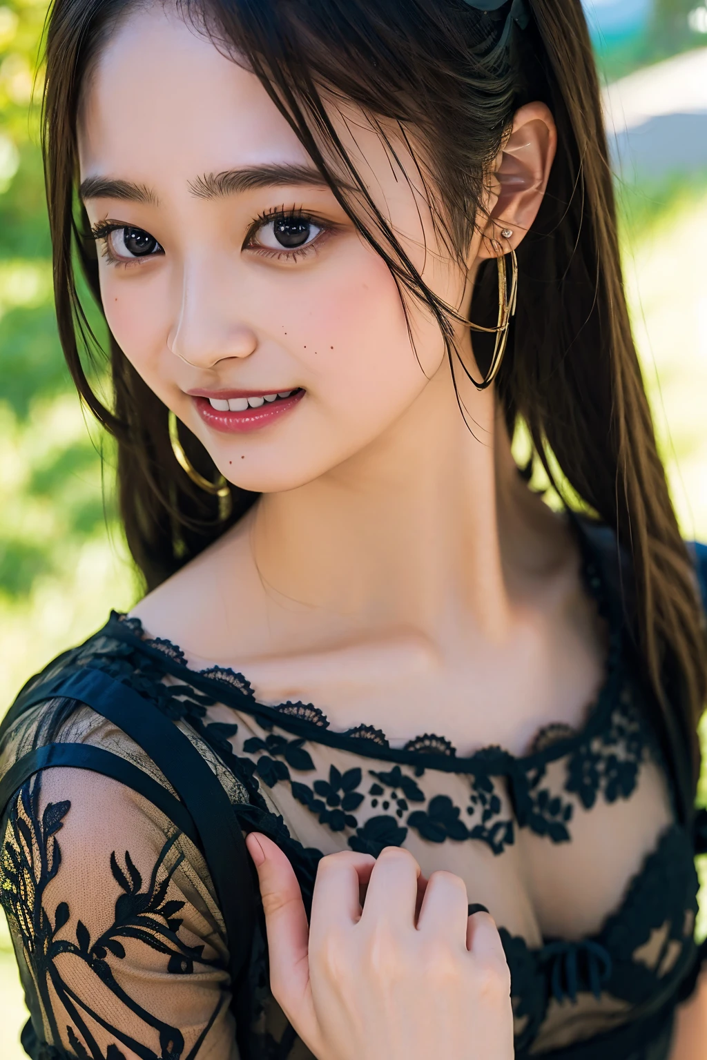 Ultra-high resolution,big eyes,((brown eyes)),Japanese,(forehead),(a girl),(1 girl),((17 years old)),(cute),pretty,((facing at viewer)),arms behind back,grin,(((black lace clothes)))