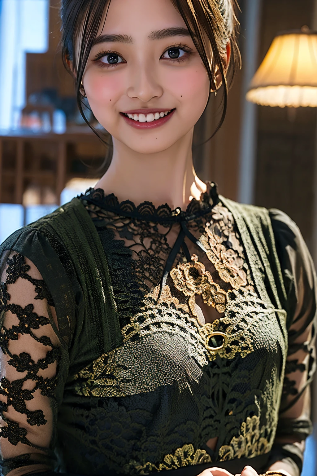 Ultra-high resolution,big eyes,((brown eyes)),Japanese,(forehead),(a girl),(1 girl),(()),(cute),pretty,((facing at viewer)),arms behind back,grin,(((black lace clothes)))