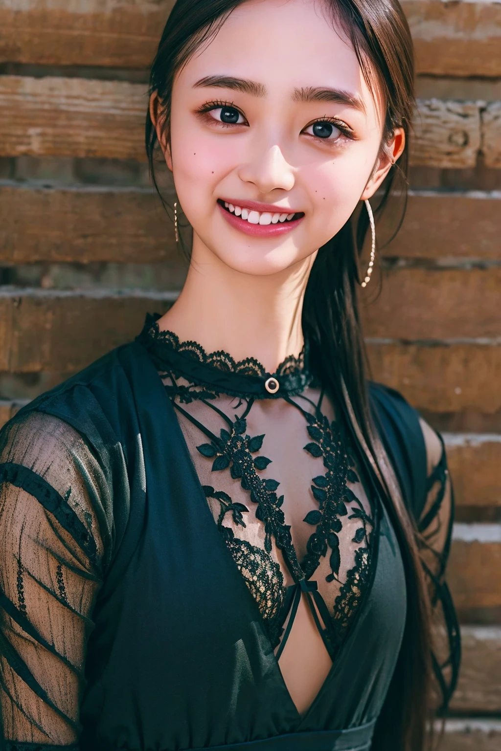 Ultra-high resolution,big eyes,((brown eyes)),Japanese,(forehead),(a girl),(1 girl),(()),(cute),pretty,((facing at viewer)),arms behind back,grin,(((black lace clothes)))