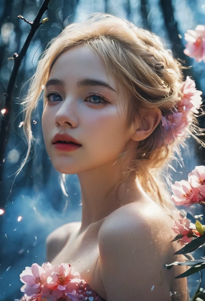 (covered with flowers:1.4), (1 Girl), blue eyes, Night Sky, joint, (Raw meat:1.3), (Blonde hair:1.3), interested in, Fire and Ice, (The image is split in half，Available in a variety of colors:2), (Gear attached to the body:1.2), Gold Plate, blue eyes, sapphire, liquid metal, Night Sky, (Look at an angle:1.3), (Fire and Ice), ((Laer Chrome)), (Hairpin:1.4), (forest:1.3), (FOG:1.3)