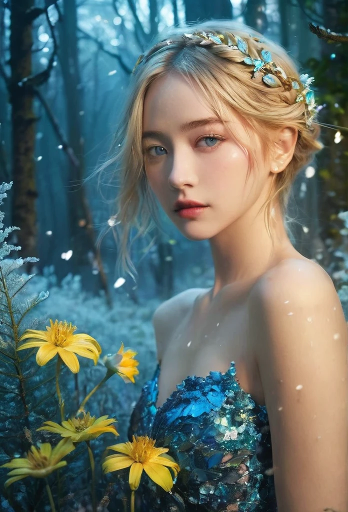(covered with flowers:1.4), (1 Girl), blue eyes, Night Sky, joint, (Raw meat:1.3), (Blonde hair:1.3), interested in, Fire and Ice, (The image is split in half,Available in a variety of colors:2), (Gear attached to the body:1.2), Gold Plate, blue eyes, sapphire, liquid metal, Night Sky, (Look at an angle:1.3), (Fire and Ice), ((Laer Chrome)), (Hairpin:1.4), (forest:1.3), (FOG:1.3)