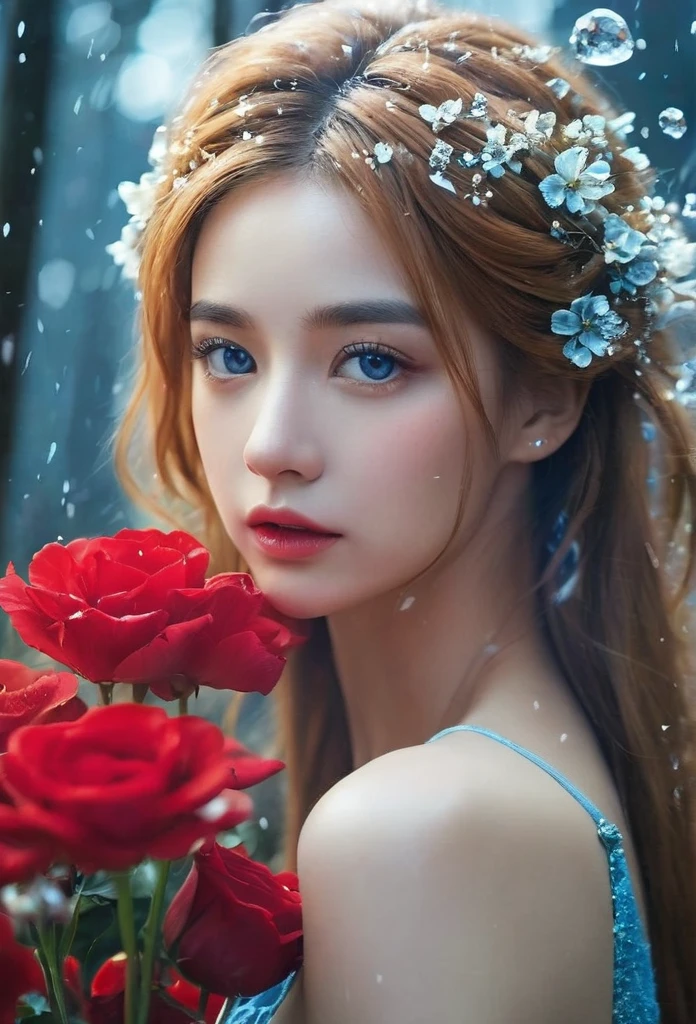 (covered with flowers:1.4), (1 Girl), blue eyes, Night Sky, joint, (Raw meat:1.3), (Blonde hair:1.3), interested in, Fire and Ice, (The image is split in half,Available in a variety of colors:2), (Gear attached to the body:1.2), Gold Plate, blue eyes, sapphire, liquid metal, Night Sky, (Look at an angle:1.3), (Fire and Ice), ((Laer Chrome)), (Hairpin:1.4), (forest:1.3), (FOG:1.3)