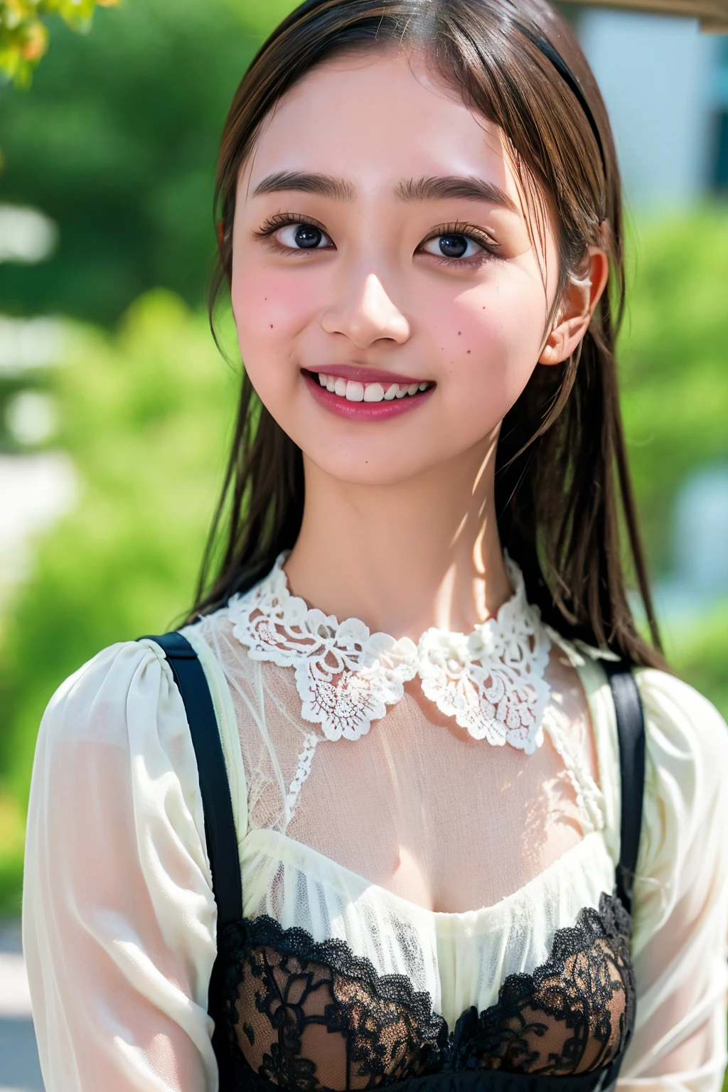 (((upper body shot))),Ultra-high resolution,big eyes,((brown eyes)),Japanese,(forehead),(a girl),(1 girl),(()),(cute),pretty,((facing at viewer)),arms behind back,grin,(((black lace clothes)))