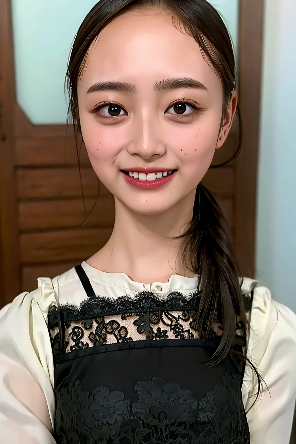 (((upper body shot))),Ultra-high resolution,big eyes,((brown eyes)),Japanese,(forehead),(a girl),(1 girl),((************)),(cute),pretty,((facing at viewer)),arms behind back,grin,(((black lace clothes)))