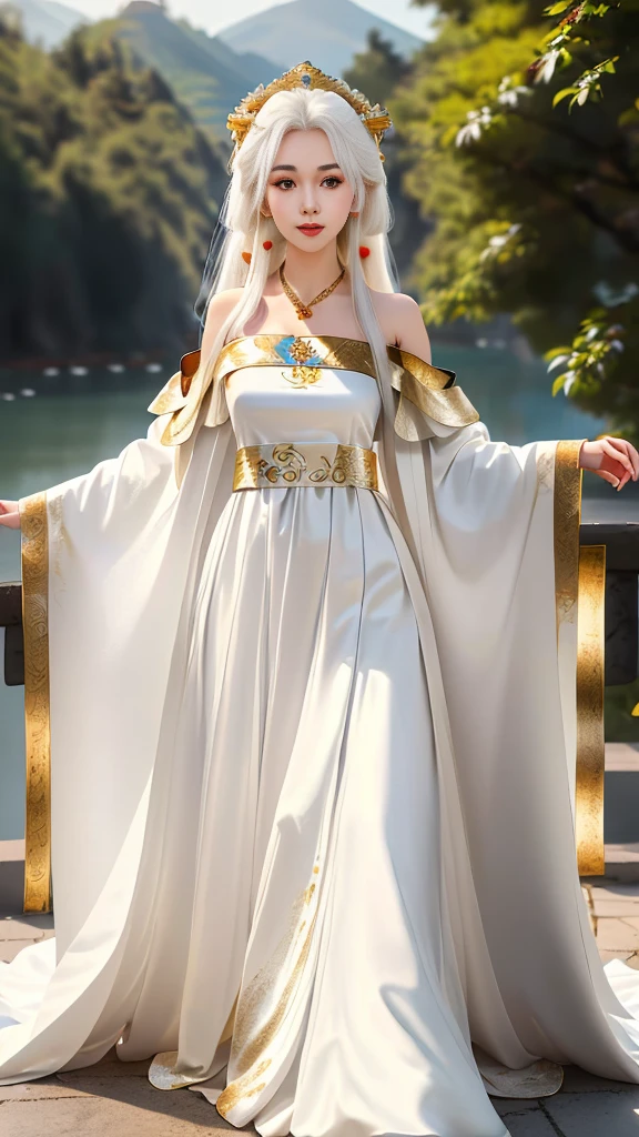 Girl in traditional Chinese clothing, Hanfu, Guzhen Hanfu women, White Hanfu,(long straight white hair:1.5), black eyes, black bun hairstyle, hair accessories ,white diamond earrings, Bangle Diameter, Dia Necklace, Clear eyes, Facing forward,put on makeup, Long eyelashes ,(gold long shoulder coat:1.5), (Very long skirt, white:1.5), ((Whole body)), ((from below)), Clear face, , (Very beautiful face, Beautiful mouth, beautiful eyes), detailed face, ((Ultra-fine skin)), In the dark, deep shadows, an ancient Chinese girl (Very slim figure 1.3) ,Plump breasts, elegant posture ,(palace in the sky:1.5),