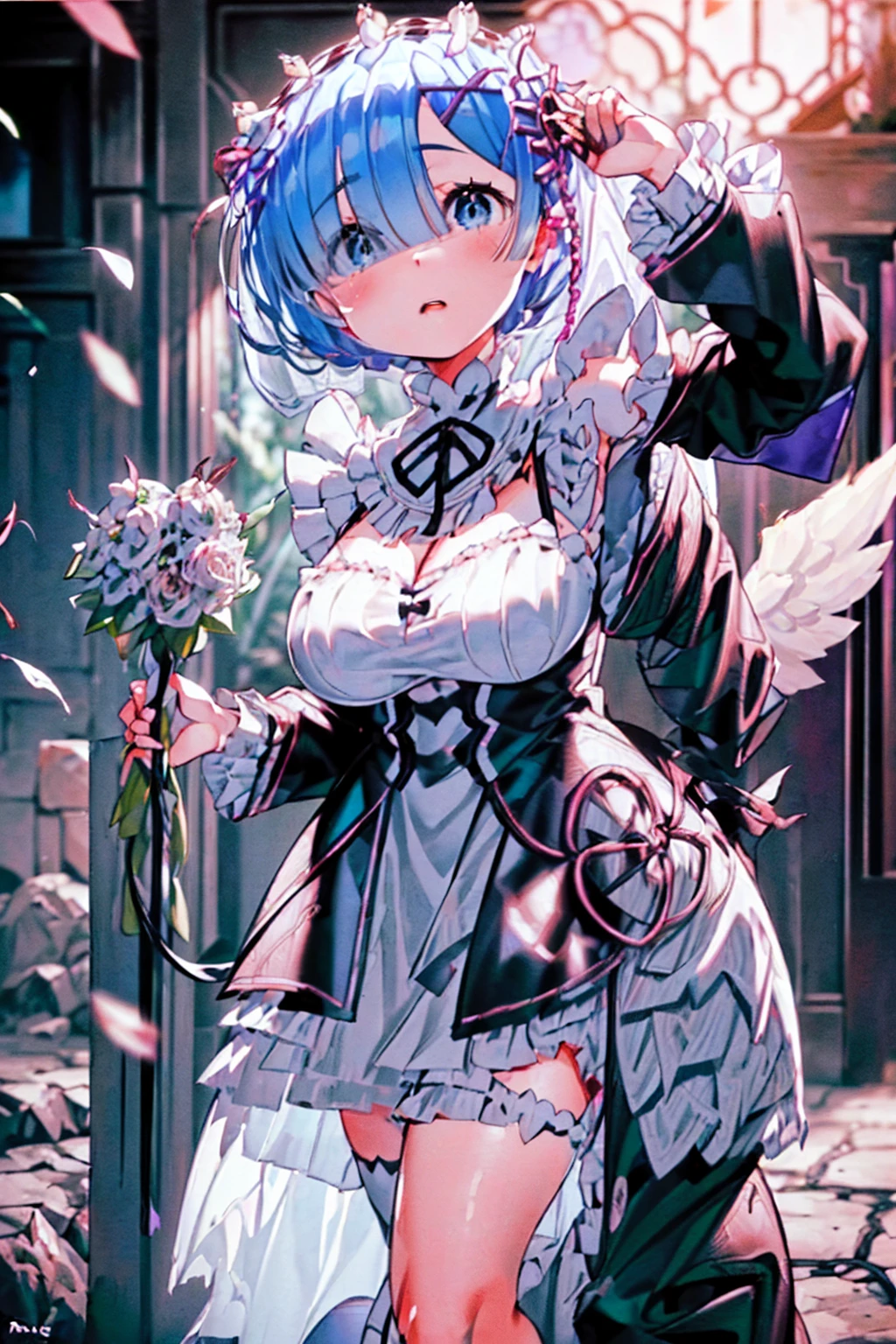 Fantasy World、Take Off、fly in the sky、(((((Huge angel wings flapping))))),(((((((Clothes are torn and breasts are visible))))))),(((Body bound in chains))),Short Hairstyles、Full moon night、Cherry Blossoms at Night、((((wedding)))),bride、((Church stained glass))、((Long skirt))、pipe organ、((Reaching out))、((((Throwing bouquets))))、(((((((Pure white wedding dress)))))))、(((((((Wedding dress ripped to shreds))))))),(((((Fisheye Lens)))))、((Super huge breasts))、(((Plump thighs)))、(((Rem from Re:Zero)))、looking at the camera、High qualityHigh quality、8k、(((((Full body description)))))、Chest、Fantastic、looking at the cameraで、(((Cherry blossoms fluttering down)))、Red carpet、Very tall、((Torn knee-high socks))