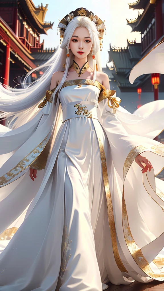 Girl in traditional Chinese clothing, Hanfu, Guzhen Hanfu women, White Hanfu,(long straight white hair:1.5), black eyes, black bun hairstyle, hair accessories ,white diamond earrings, Bangle Diameter, Dia Necklace, Clear eyes, Facing forward,put on makeup, Long eyelashes ,(gold long shoulder coat:1.5), (Very long skirt, white:1.5), ((Whole body)), ((from below)), Clear face, , (Very beautiful face, Beautiful mouth, beautiful eyes), detailed face, ((Ultra-fine skin)), In the dark, deep shadows, an ancient Chinese girl (Very slim figure 1.3) ,Plump breasts, elegant posture ,(palace in the sky:1.5),