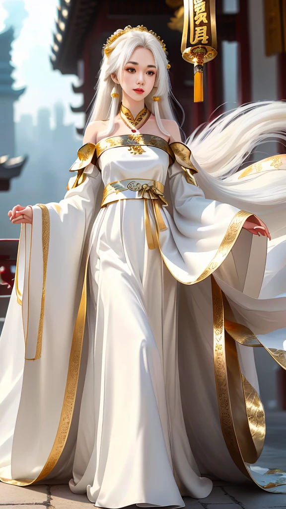 Girl in traditional Chinese clothing, Hanfu, Guzhen Hanfu women, White Hanfu,(long straight white hair:1.5), black eyes, black bun hairstyle, hair accessories ,white diamond earrings, Bangle Diameter, Dia Necklace, Clear eyes, Facing forward,put on makeup, Long eyelashes ,(gold long shoulder coat:1.5), (Very long skirt, white:1.5), ((Whole body)), ((from below)), Clear face, , (Very beautiful face, Beautiful mouth, beautiful eyes), detailed face, ((Ultra-fine skin)), In the dark, deep shadows, an ancient Chinese girl (Very slim figure 1.3) ,Plump breasts, elegant posture ,(palace in the sky:1.5),