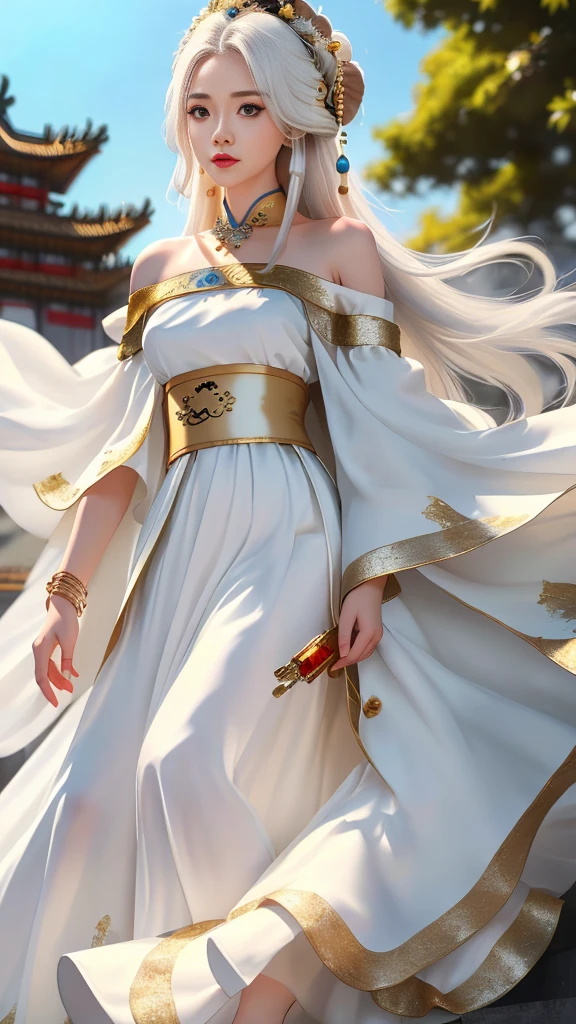 Girl in traditional Chinese clothing, Hanfu, Guzhen Hanfu women, White Hanfu,(long straight white hair:1.5), black eyes, black bun hairstyle, hair accessories ,white diamond earrings, Bangle Diameter, Dia Necklace, Clear eyes, Facing forward,put on makeup, Long eyelashes ,(gold long shoulder coat:1.5), (Very long skirt, white:1.5), ((Whole body)), ((from below)), Clear face, , (Very beautiful face, Beautiful mouth, beautiful eyes), detailed face, ((Ultra-fine skin)), In the dark, deep shadows, an ancient Chinese girl (Very slim figure 1.3) ,Plump breasts, elegant posture ,(palace in the sky:1.5),