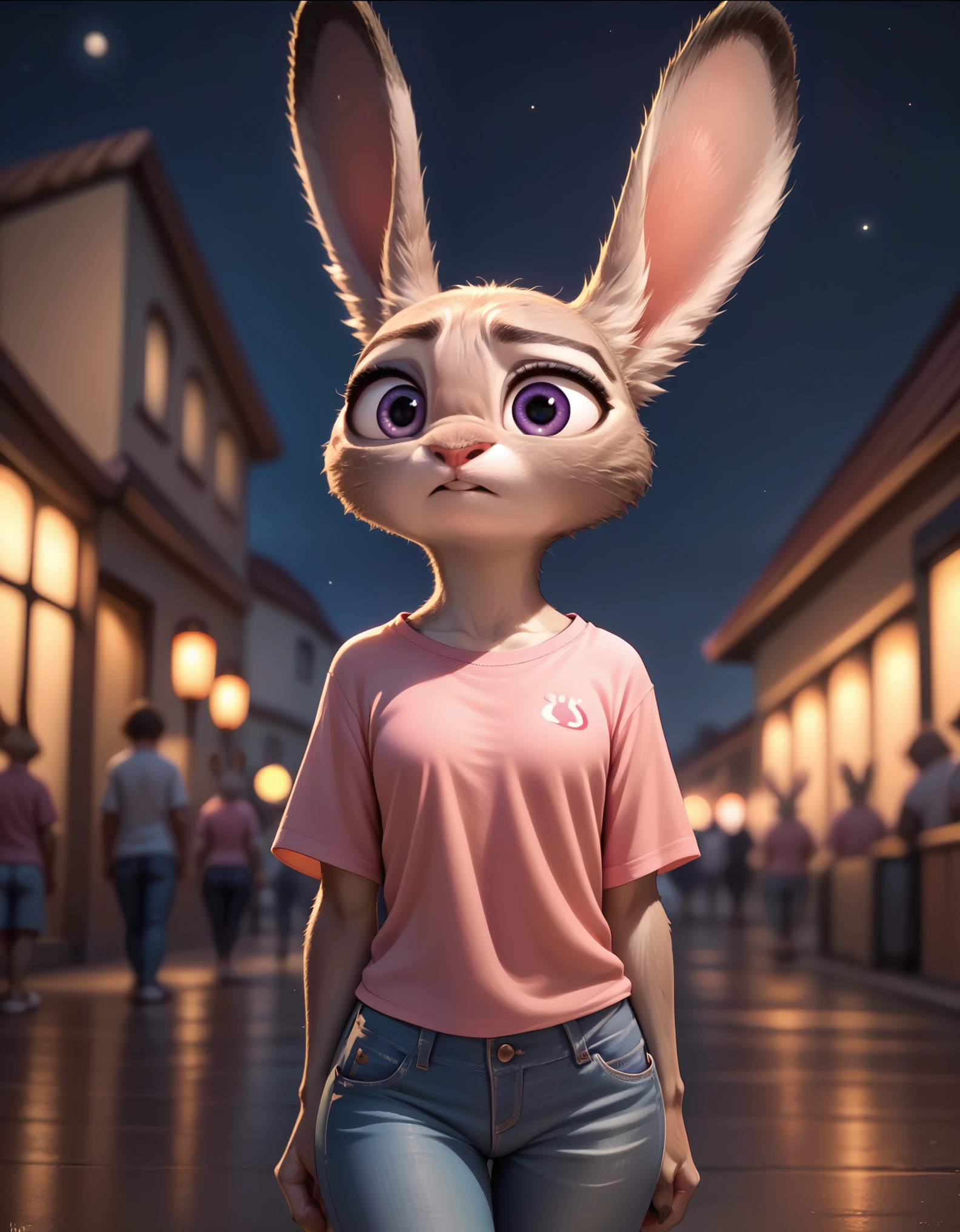 score_9, score_8_up, score_7_up, score_6_up, source_furry, judyhopps confused, dark, night, backlighting, solo, pink shirt, jeans, arms at sides, front view, portrait 