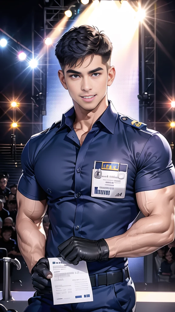 handsome man sit on the table ,(crew cut short hair:1.2),black eye,smile,open mouth (navy police uniform and t-shirt:1.2),(open shirt short sleeves:1.2),collar,(shirt covered over:1.2),(name tag and Police badge:1.2),(shirt no buttons:1.1),(black_gloves:1.3), (Navy blue cargo:1.2),Korean guy,korean men,(High gloss details),(chest muscles:1.2),(large arm muscles:1.2),blood vessel,Big muscles,Broad shoulders,looking at the audience,Balancing the eyes,middle of the road,(stage:1.4)