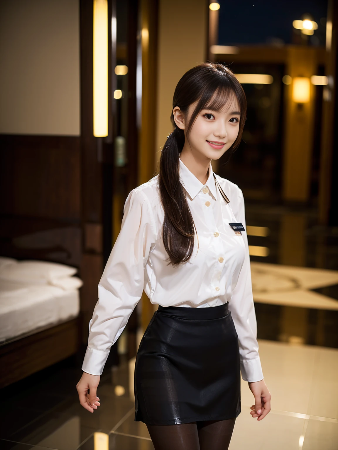 Biologically correct limb count))、(( Full body, including face))、4K、masterpiece、((Focus on the face))、((Symmetric, Well-proportioned facial features))、Delicate descriptive eyes、(((One woman)))、Beautiful woman、Excellent style、Well-proportioned body、、((Hotel staff uniform、shirt、Tight Skirt,(Low heels,Glossy Pantyhose)))、(((Coastal)))、(Smile and smile）、(Side close-up photo of lower body）、High Angle、night、Walking posture