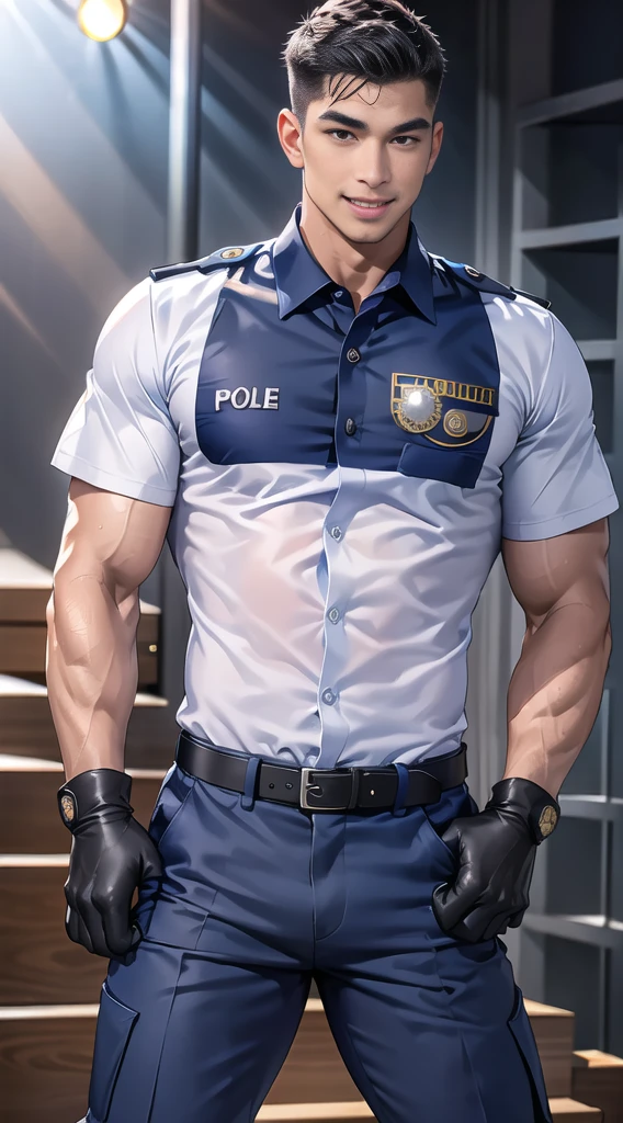 handsome man sit on the table ,(crew cut short hair:1.2),black eye,smile,open mouth (navy police uniform:1.2),(shirt short sleeves:1.2),collar,(shirt covered over:1.2),(name tag and Police badge:1.3),(shirt no buttons:1.1),(black_gloves:1.3), (Navy blue cargo:1.2),Korean guy,korean men,(High gloss details),(chest muscles:1.2),(large arm muscles:1.2),blood vessel,Big muscles,Broad shoulders,looking at the audience,Balancing the eyes,middle of the road,(stage:1.2),