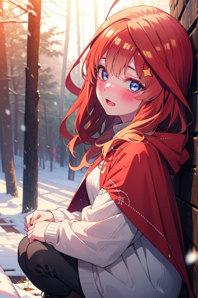 itsukinakano, itsuki nakano, bangs, blue eyes, Hair between the eyes, Ahoge, Redhead, star \(symbol\), hair ornaments, star hair ornaments,smile,blush,White Breath,
Open your mouth,snow, fire, Outdoor, boots, snowing, From the side, wood, suitcase, Cape, Blurred, Increase your meals, forest, White handbag, nature, Squat, Mouth closed, Hooded Cape, winter, Written boundary depth, Black shoes, red Cape break looking at viewer, Upper Body, whole body, break Outdoor, forest, nature, break (masterpiece:1.2), Highest quality, High resolution, unity 8k wallpaper, (shape:0.8), (Beautiful and beautiful eyes:1.6), Highly detailed face, Perfect lighting, Extremely detailed CG, (Perfect hands, Perfect Anatomy),