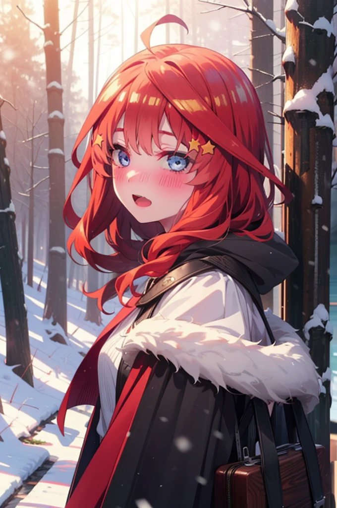 itsukinakano, itsuki nakano, bangs, blue eyes, Hair between the eyes, Ahoge, Redhead, star \(symbol\), hair ornaments, star hair ornaments,smile,blush,White Breath,
Open your mouth,snow, fire, Outdoor, boots, snowing, From the side, wood, suitcase, Cape, Blurred, Increase your meals, forest, White handbag, nature,  Squat, Mouth closed, Hooded Cape, winter, Written boundary depth, Black shoes, red Cape break looking at viewer, Upper Body, whole body, break Outdoor, forest, nature, break (masterpiece:1.2), Highest quality, High resolution, unity 8k wallpaper, (shape:0.8), (Beautiful and beautiful eyes:1.6), Highly detailed face, Perfect lighting, Extremely detailed CG, (Perfect hands, Perfect ???????),