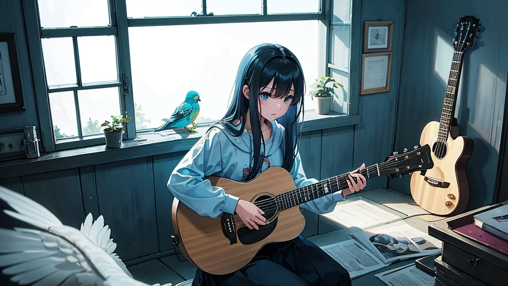 In a very dark room、In a place where the light shines fantastically from behind、A girl around 15 years old is playing the guitar and looking out the window.。In the background is a large window and a budgerigar。