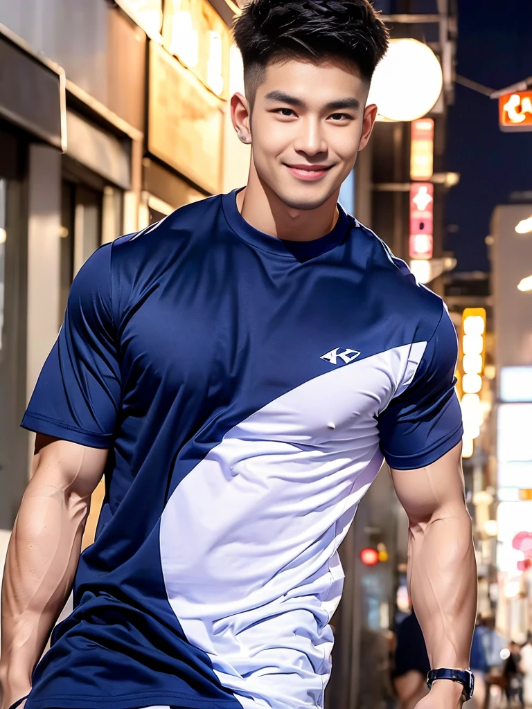 korea male male model, big muscles, handsome, cool, smoothly combed hair, pierced ears, wearing a t-shirt navy top, holding a lollipop, portraiture, modeling, dynamic pose, Japanese street, late at night, store lights trade, full half body shot, smile open mouth