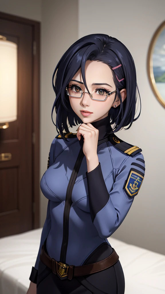 Beautiful young girl with blue short hair, A light smile, Brown eyes, hair clips, lips, Stud earrings, Semi-rimless eyewear, , Big butt but small breasts, (Highest quality,4K,8K,High resolution,masterpiece:1.2),Very detailed,(Realistic,photoRealistic,photo-Realistic:1.37),Very detailed顔, Very detailed目と顔, Long eyelashes, Beautiful attention to detail, beautiful detailed lips, Concept Art, Cinema Lighting, Vibrant colors, a beautiful girl in military uniform,short wavy hair,glasses,busty,detailed face,beautiful eyes,beautiful lips,highly detailed,photorealistic,8K,masterpiece,studio lighting,dynamic pose,intricate details,dramatic lighting,cinematic atmosphere,vibrant colors,elegant,powerful,confident((Women's military uniform、Formal wear、skirt))