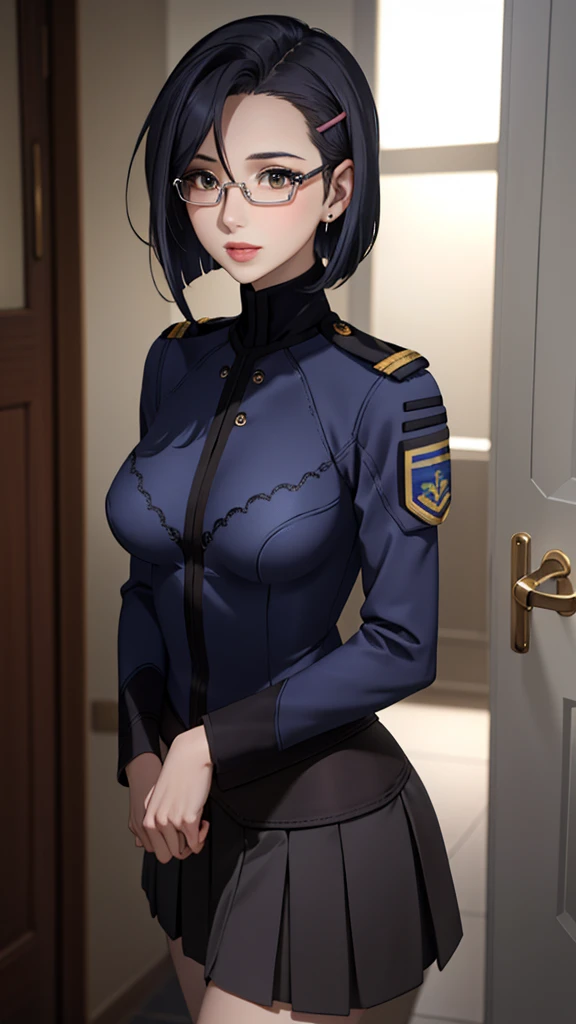 Beautiful young girl with blue short hair, A light smile, Brown eyes, hair clips, lips, Stud earrings, Semi-rimless eyewear, , Big butt but small breasts, (Highest quality,4K,8K,High resolution,masterpiece:1.2),Very detailed,(Realistic,photoRealistic,photo-Realistic:1.37),Very detailed顔, Very detailed目と顔, Long eyelashes, Beautiful attention to detail, beautiful detailed lips, Concept Art, Cinema Lighting, Vibrant colors, a beautiful girl in military uniform,short wavy hair,glasses,busty,detailed face,beautiful eyes,beautiful lips,highly detailed,photorealistic,8K,masterpiece,studio lighting,dynamic pose,intricate details,dramatic lighting,cinematic atmosphere,vibrant colors,elegant,powerful,confident((Women's military uniform、Formal wear、skirt))