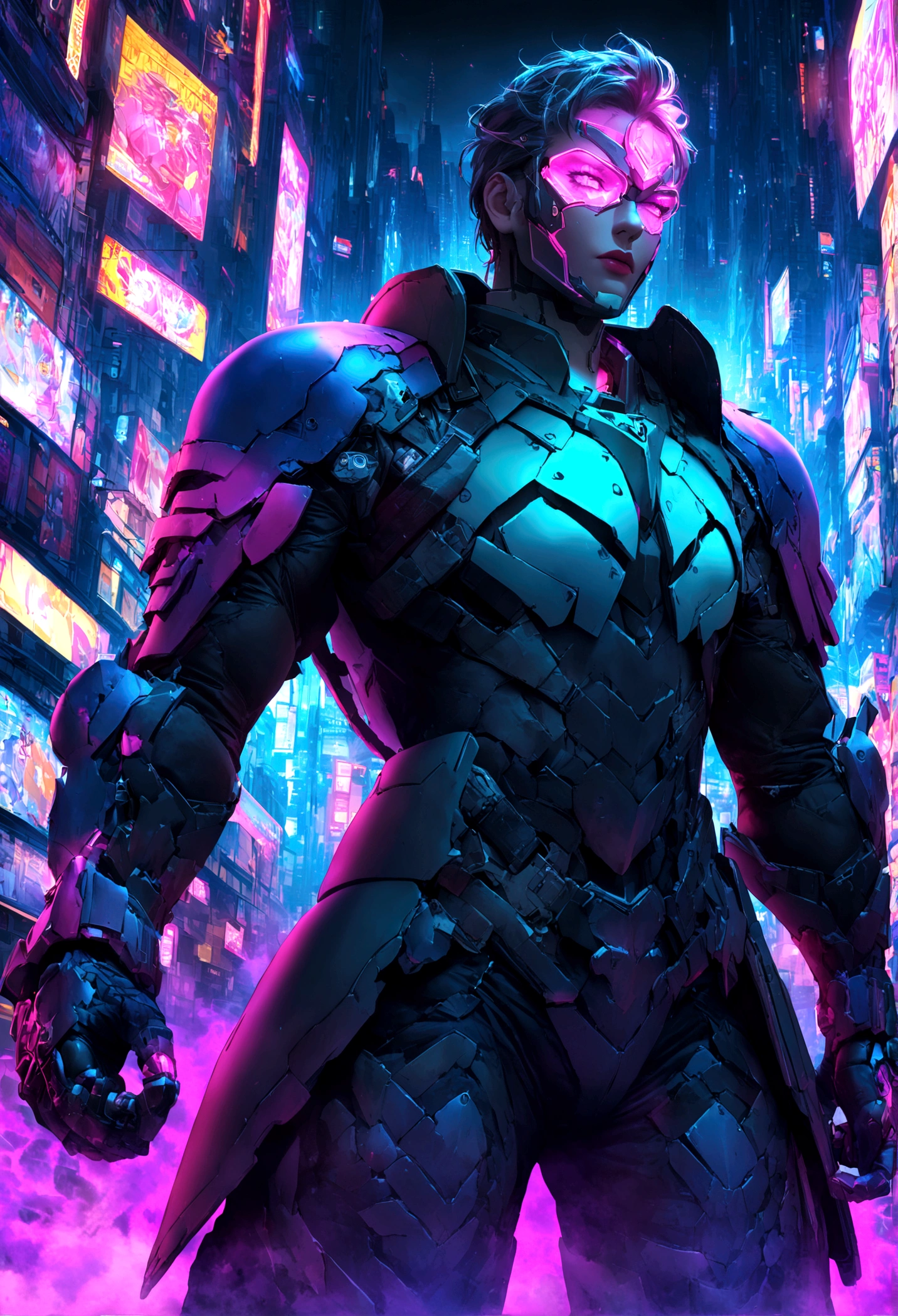 (Highly detailed 8k wallpaper), Cyberpunk's terrifying Grimm disguised as cybernetic templars、A well-drawn medium shot of a shadow wearing Marvel's colorful mist armor., Cyberpunk Theme, Complex, High detail, dramatic, Neon city lights in the background、super high quality、Ultra HD、4k、8k、aura、dust、Full CG