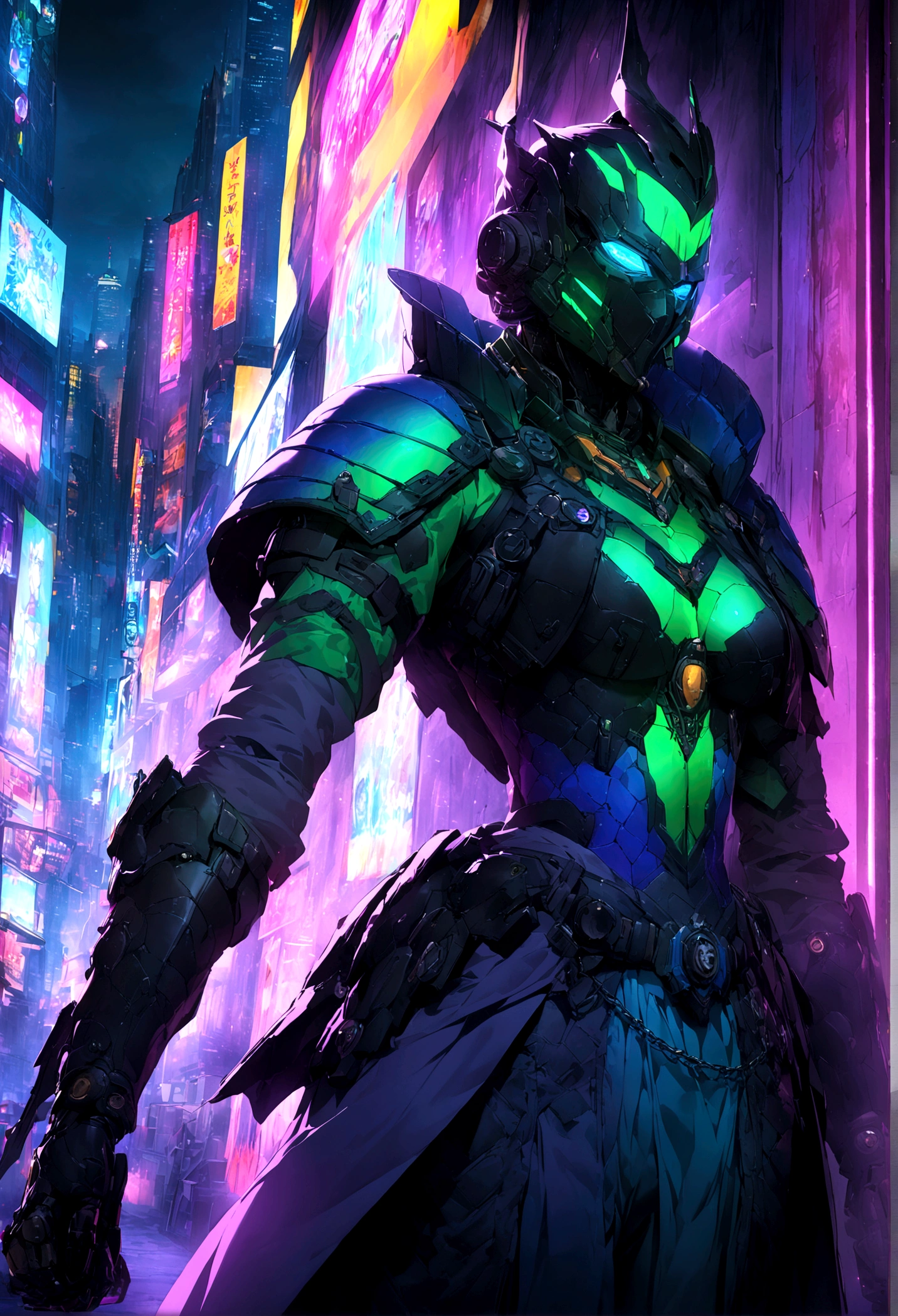 (Highly detailed 8k wallpaper), Cyberpunk's terrifying Grimm disguised as cybernetic templars、A well-drawn medium shot of a shadow wearing Marvel's colorful mist armor., Cyberpunk Theme, Complex, High detail, dramatic, Neon city lights in the background、super high quality、Ultra HD、4k、8k、aura、dust、Full CG