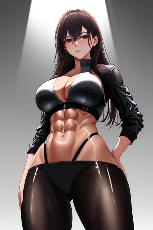 Woman standing in front with hips pushed forward, (from below view), low angle woman, from hip level, 1girl, sensitive woman, hourglass body, slender waist, (well-defined ripped abs), sculpted abs, spread legs, massive hips, wide hips, thick thighs, shiny femenine skin, oiled wet skin, k-pop gyaru, soft light, hard light, soft shadow, fine details, masterpiece, (8k, RAW photo, highest quality, masterpiece), High detail RAW color photo professional close-up photo, (realistic, photo realism), (highest quality), (best shadow), (best illustration), ultra high resolution, extremely detailed CG unity 8k wallpaper, 4k