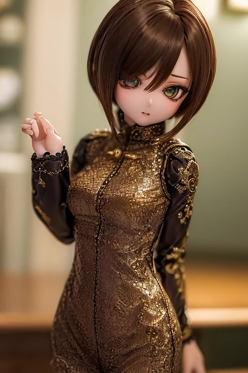photorealistic, realistic photo, (sfw:2), ((highest quality)), ((masterpiece)), (extremely detailed), kukolnydom, doll, (mature woman:1.6), ((cowboy shot)), solo, (skinny, slender, brown hair, medium hair), dress, green eyes, almond eyes, light smile, (dynamic pose, looking away, blank eyes, empty eyes, detailed eyes:1.3), museum, 8k