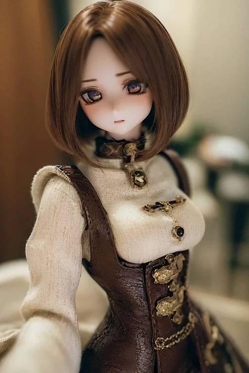 photorealistic, realistic photo, (sfw:2), ((highest quality)), ((masterpiece)), (extremely detailed), kukolnydom, doll, (mature woman:1.6), cowboy shot, solo, (skinny, slender, brown hair, medium hair), dress, green eyes, almond eyes, light smile, (dynamic pose, looking away, blank eyes, empty eyes, detailed eyes:1.3), museum, 8k