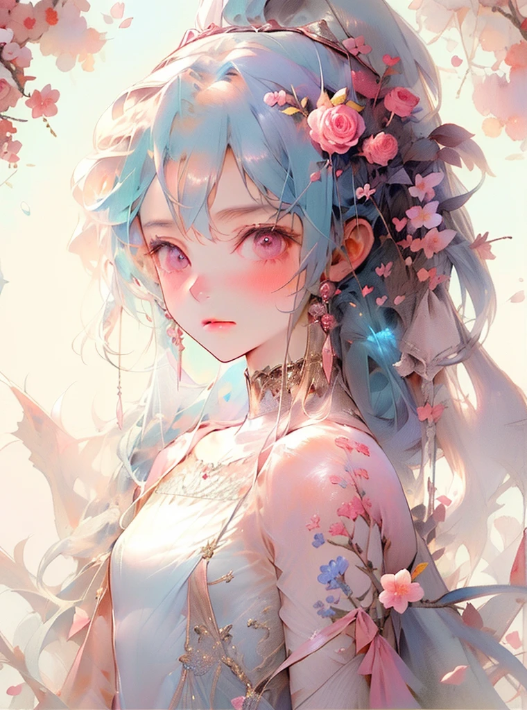 1girll,Genie style,Lake of flowing blue hair,double ponytail,(ssmile:0.98),Cute Genie style,Gorgeous and sexy dress,Opaque clothes are modern and trendy clothes,Deep V neckline,tie my shoes,sexy clothes,Best image quality,Top masterpiece,High intensity,8k wallpaper,Flat chest,There are a few pink cherry blossoms hanging from my head,Sakura NS,Thoracic dysplasia,The chest is very small,Light pink background,The protagonist occupies the proportion of the image: 0.6, rose