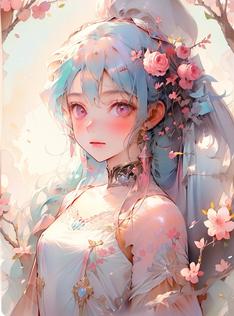 1girll，Genie style，Lake of flowing blue hair，double ponytail，（ssmile：0.98），Cute Genie style，Gorgeous and sexy dress，Opaque clothes are modern and trendy clothes，Deep V neckline，tie my shoes，sexy clothes，Best image quality，Top masterpiece，High intensity，8k wallpaper，Flat chest，There are a few pink cherry blossoms hanging from my head，Sakura NS，Thoracic dysplasia，The chest is very small，Light pink background，The protagonist occupies the proportion of the image: 0.6, rose