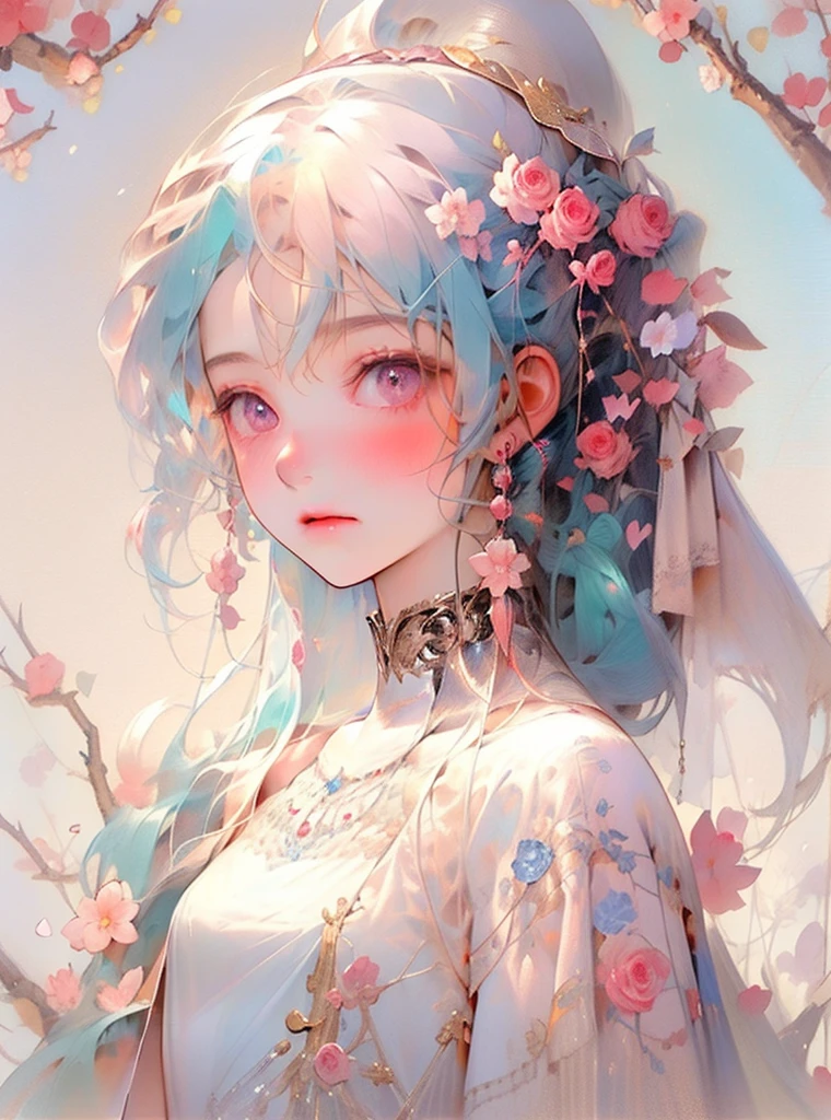 1girll,Genie style,Lake of flowing blue hair,double ponytail,(ssmile:0.98),Cute Genie style,Gorgeous and sexy dress,Opaque clothes are modern and trendy clothes,Deep V neckline,tie my shoes,sexy clothes,Best image quality,Top masterpiece,High intensity,8k wallpaper,Flat chest,There are a few pink cherry blossoms hanging from my head,Sakura NS,Thoracic dysplasia,The chest is very small,Light pink background,The protagonist occupies the proportion of the image: 0.6, rose