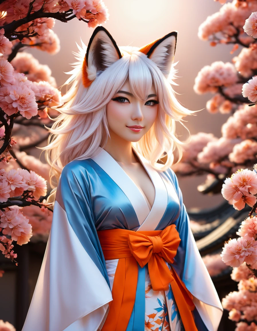 work of art, best qualityer, highy detailed, 1 girl, standing alone, (:3:0.9), animal ear fluff, animal ears, hair orange, fluffy hair, blush, blue colored eyes, flowers, fox ears, fox girl, Gradient, Gradient background, hair flowers, hair ornament, Japanese clothing, kimono, gazing at viewer, miko, ssmile, standing alone, white kimono, beautiful lighting