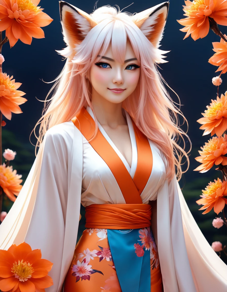 work of art, best qualityer, highy detailed, 1 girl, standing alone, (:3:0.9), animal ear fluff, animal ears, hair orange, fluffy hair, blush, blue colored eyes, flowers, fox ears, fox girl, Gradient, Gradient background, hair flowers, hair ornament, Japanese clothing, kimono, gazing at viewer, miko, ssmile, standing alone, white kimono, beautiful lighting