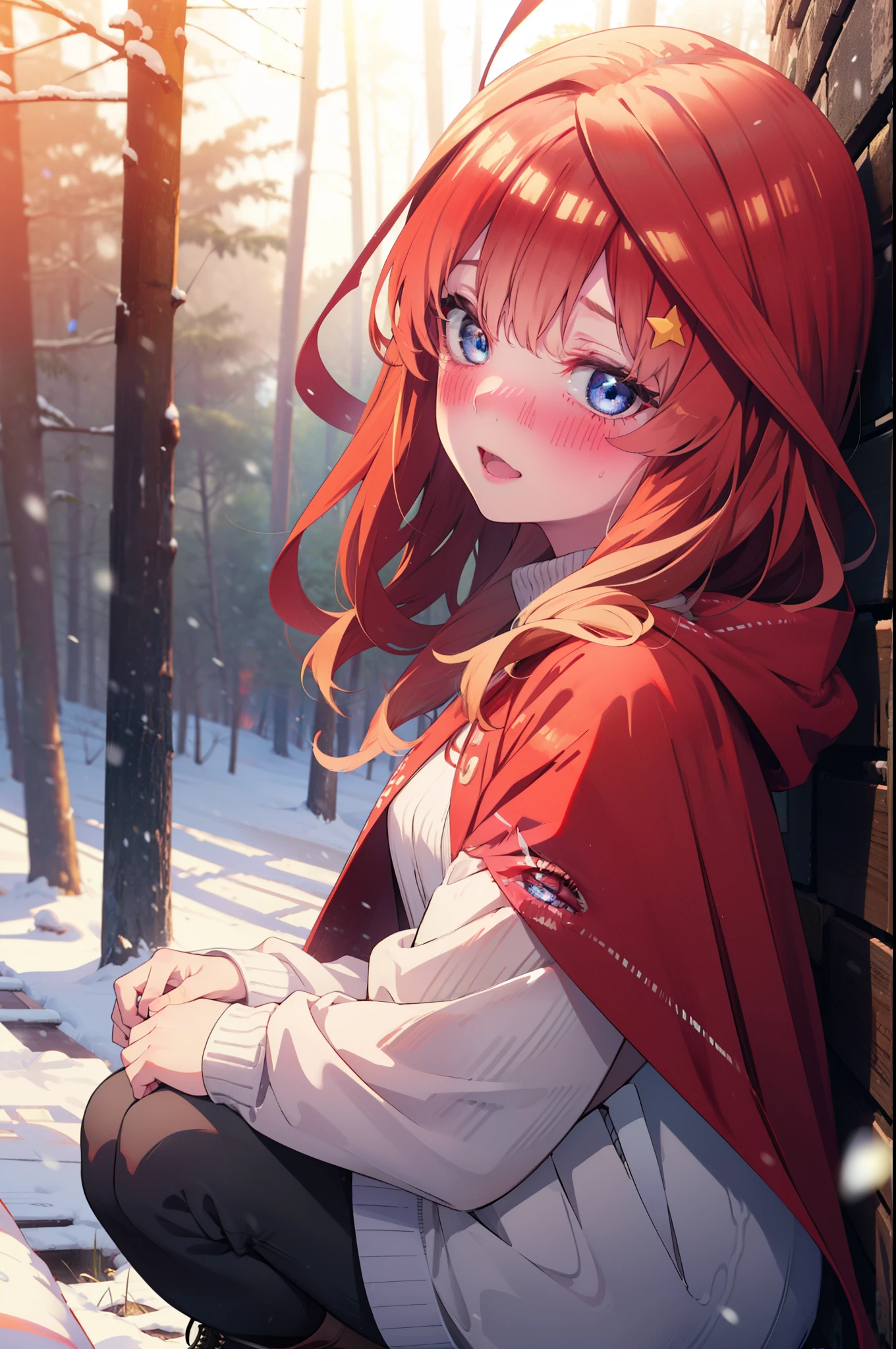 itsukinakano, itsuki nakano, bangs, blue eyes, Hair between the eyes, Ahoge, Redhead, star \(symbol\), hair ornaments, star hair ornaments,smile,blush,White Breath,
Open your mouth,snow, fire, Outdoor, boots, snowing, From the side, wood, suitcase, Cape, Blurred, Increase your meals, forest, White handbag, nature, Squat, Mouth closed, Hooded Cape, winter, Written boundary depth, Black shoes, red Cape break looking at viewer, Upper Body, whole body, break Outdoor, forest, nature, break (masterpiece:1.2), Highest quality, High resolution, unity 8k wallpaper, (shape:0.8), (Beautiful and beautiful eyes:1.6), Highly detailed face, Perfect lighting, Extremely detailed CG, (Perfect hands, Perfect Anatomy),