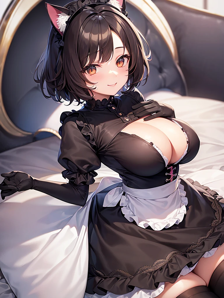 woman,smile,Bob Hair, Dark brown hair,Large Breasts,Maid clothes,Short sleeve,I can see the valley.Cute black gloves,Cat ears headband,Wear tights,Dark brown hair,Large Breasts,maid Cafe