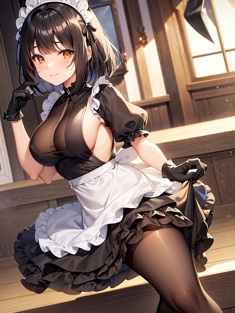woman,smile,Bob Hair, Dark brown hair,Large Breasts,Maid clothes,Short sleeve,I can see the valley.Cute black gloves,Cat ears headband,Wear tights,Dark brown hair,Large Breasts,maid Cafe
