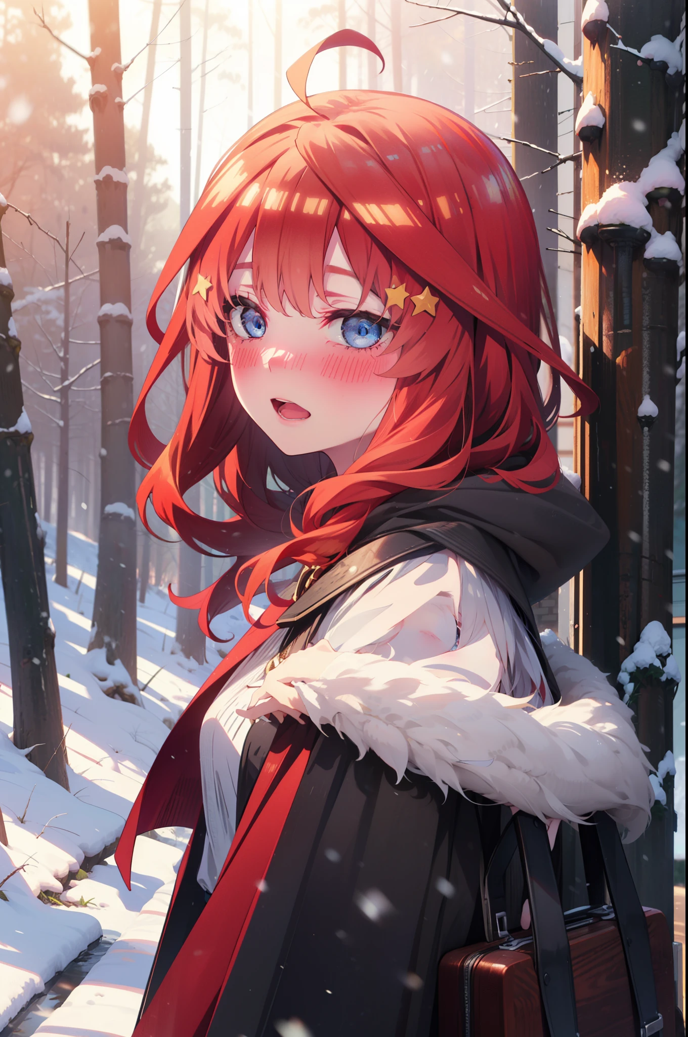itsukinakano, itsuki nakano, bangs, blue eyes, Hair between the eyes, Ahoge, Redhead, star \(symbol\), hair ornaments, star hair ornaments,smile,blush,White Breath,
Open your mouth,snow, fire, Outdoor, boots, snowing, From the side, wood, suitcase, Cape, Blurred, Increase your meals, forest, White handbag, nature, Squat, Mouth closed, Hooded Cape, winter, Written boundary depth, Black shoes, red Cape break looking at viewer, Upper Body, whole body, break Outdoor, forest, nature, break (masterpiece:1.2), Highest quality, High resolution, unity 8k wallpaper, (shape:0.8), (Beautiful and beautiful eyes:1.6), Highly detailed face, Perfect lighting, Extremely detailed CG, (Perfect hands, Perfect Anatomy),