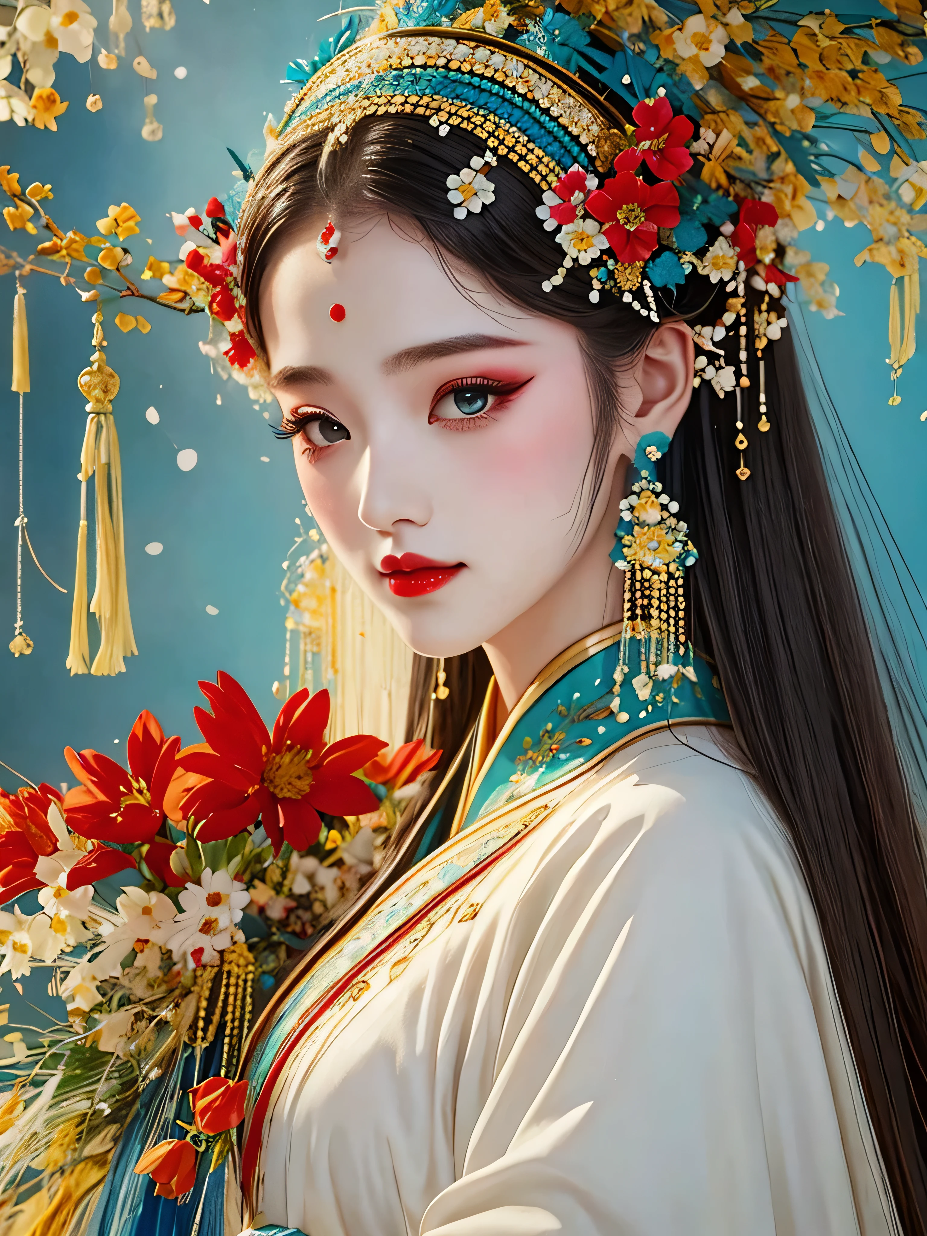 (masterpiece, best quality:1.2),1 girl,beautiful，portrait，look at camera，landscape on hair，A bouquet of flowers，landscape，Hanfu，Skin details， alone，Chinese Peking Opera，Gorgeous costumes，Exquisite headdress，flower headdress，tassel，pearl，clean background，blue，Red，green