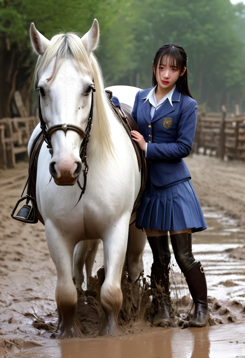 Japanese high school girl riding a horse, wearing white summer socks