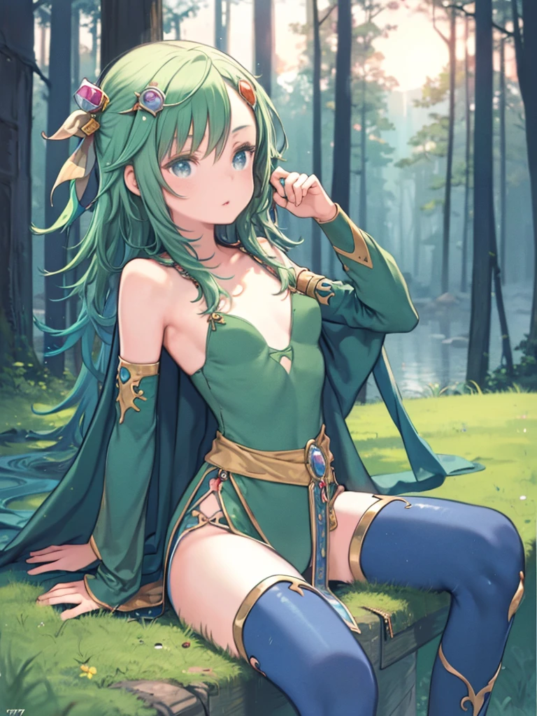 (((spread legs)))、(((pubic hair)))、female organ、Carrying a cloak、(Green tattoo)、(((naked)))、beautiful beauty、Green hair short ponytail、((whole body))、(((photo taken from below)))、night sky、The background is a night forest