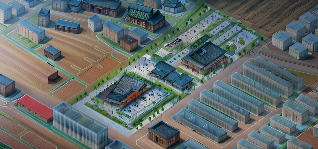 City aerial view,Highest quality,Chinese Ink Painting,antiquity,Rural buildings between mountains and rivers,Glass facades,Clean glass,Trees,Decorative Arts,Sloped roof,Best quality,Architectural Photography,Photorealism,Hyperrealism,Ultra Detailed,V-ray,(architectural design)