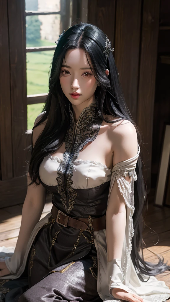 medieval castle, naked, legs, black hair, extremely detailed eyes, extremely detailed face, best quality, extremely detailed, one person, one girl, ultra-detailed, (realistic, photo-realistic:1.3)