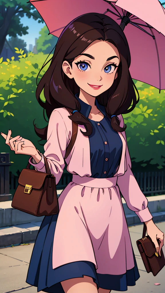 Woman. dark hair. long hair, eyes browns, wearing a blue formal dress, walking in a park. smirk on face, carrying a medium-sized bag with magazines, libero, light pink lipstick, happy looking, holding an umbrella in his left hand, holding a bible in his right hand. friendly expression